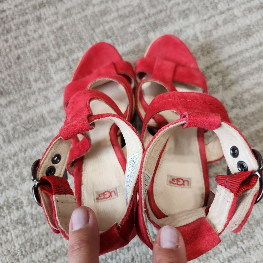UGG Lauri espadrille platform wedge sandals red suede size 6.5 - Picture 7 of 11